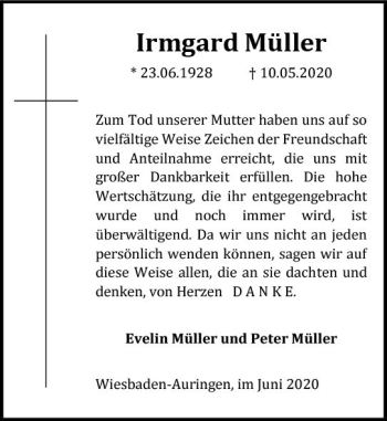 Traueranzeige von Irmgard Müller von vrm-trauer