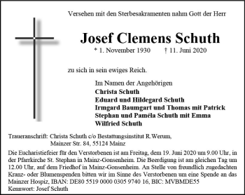 Traueranzeige von Josef Clemens Schuth von vrm-trauer