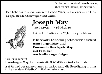 Traueranzeige von Joseph May von vrm-trauer