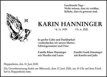 Traueranzeige von Karin Hanninger von vrm-trauer