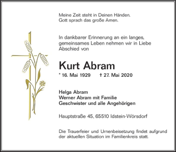 Traueranzeige von Kurt Abram von vrm-trauer