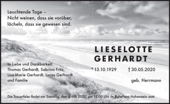 Traueranzeige von Lieselotte Gerhardt von vrm-trauer