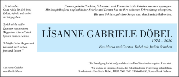 Traueranzeige von Lisanne Gabriele Döbel von vrm-trauer