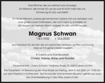 Traueranzeige von Magnus Schwan von vrm-trauer