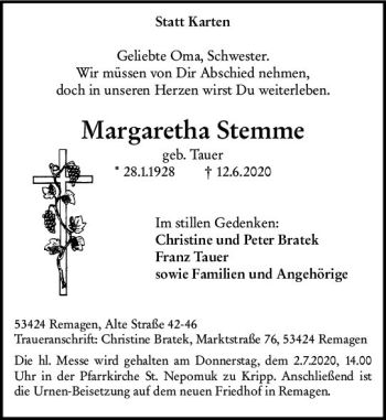 Traueranzeige von Margaretha Stemme von vrm-trauer