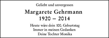 Traueranzeige von Margarethe Gehrmann von vrm-trauer