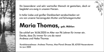 Traueranzeige von Maria Thomas von vrm-trauer
