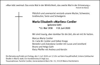 Traueranzeige von Maria Elisabeth Cordier von vrm-trauer