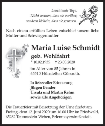 Traueranzeige von Maria Luise Schmidt von vrm-trauer