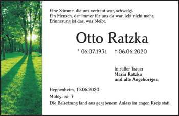 Traueranzeige von Otto Ratzka von vrm-trauer
