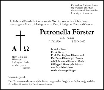 Traueranzeige von Petronella Förster von vrm-trauer