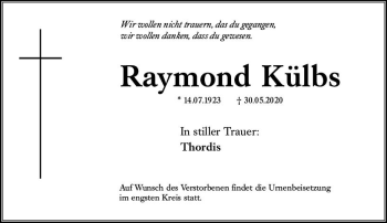 Traueranzeige von Raymond Külbs von vrm-trauer