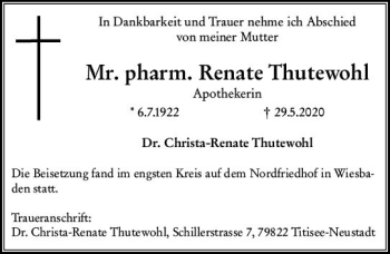 Traueranzeige von Renate Thutewohl von vrm-trauer