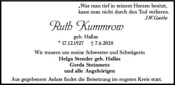 Traueranzeige von Ruth Kummrow von vrm-trauer
