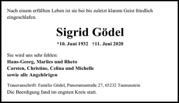 Traueranzeige von Sigrid Gödel von vrm-trauer
