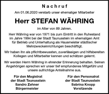Traueranzeige von Stefan Währing von vrm-trauer