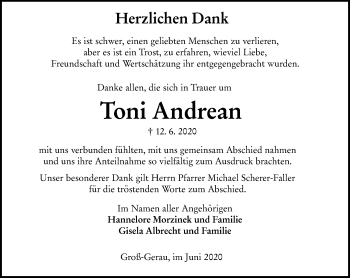 Traueranzeige von Toni Andrean von vrm-trauer