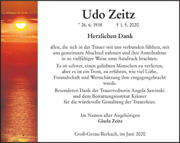 Traueranzeige von Udo Zeitz von vrm-trauer
