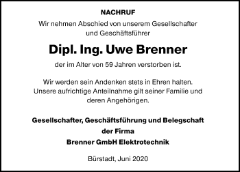 Traueranzeige von Uwe Brenner von vrm-trauer