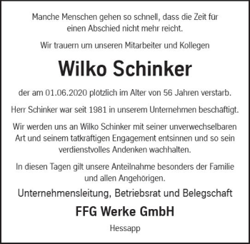 Traueranzeige von Wilko Schinker von vrm-trauer