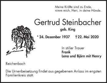Traueranzeige von Gertrud Steinbacher 