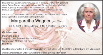 Traueranzeige von Margaretha Wagner von VRM Tageszeitungen