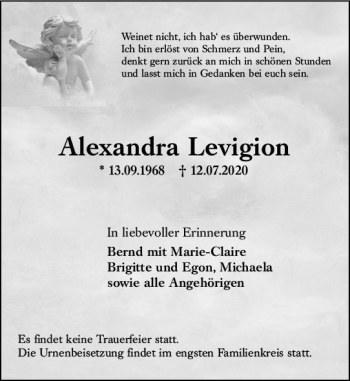 Traueranzeige von Alexandra Levigion von vrm-trauer