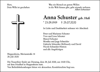 Traueranzeige von Anna Schuster von vrm-trauer