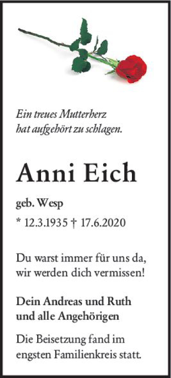 Traueranzeige von Anni Eich von vrm-trauer