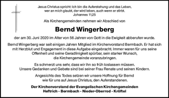 Traueranzeige von Bernd Wingerberg von vrm-trauer