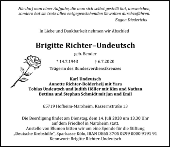 Traueranzeige von Brigitte Richter-Undeutsch von vrm-trauer