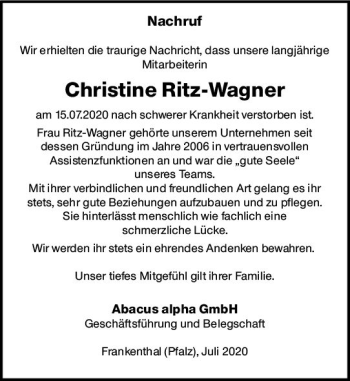 Traueranzeige von Christine Ritz-Wagner von vrm-trauer