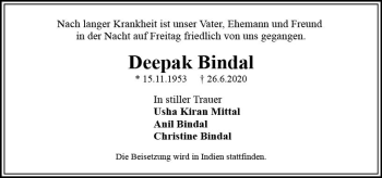 Traueranzeige von Deepak Bindal von vrm-trauer