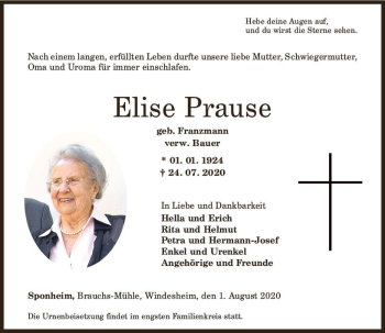 Traueranzeige von Elise Prause von vrm-trauer