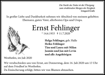 Traueranzeige von Ernst Fehlinger von vrm-trauer