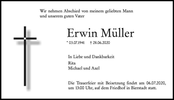 Traueranzeige von Erwin Müller von vrm-trauer