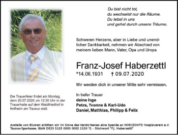Traueranzeige von Franz-Josef Haberzettl von vrm-trauer