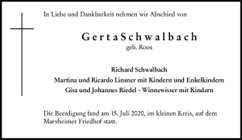 Traueranzeige von Gerta Schwalbach von vrm-trauer
