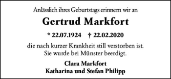 Traueranzeige von Gertrud Markfort von vrm-trauer
