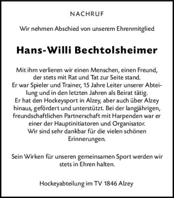 Traueranzeige von Hans-Willi Bechtolsheimer von vrm-trauer