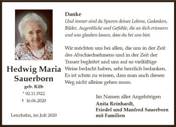 Traueranzeige von Hedwig Maria Sauerborn von vrm-trauer