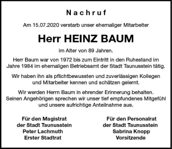 Traueranzeige von Heinz Baum von vrm-trauer