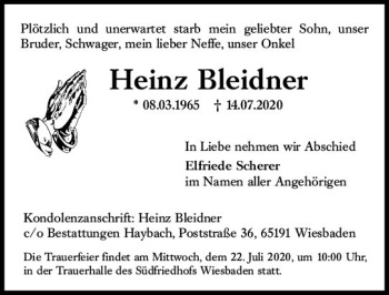 Traueranzeige von Heinz Bleidner von vrm-trauer