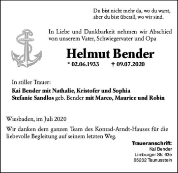Traueranzeige von Helmut Bender von vrm-trauer