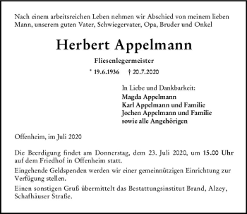 Traueranzeige von Herbert Appelmann von vrm-trauer