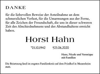 Traueranzeige von Horst Hahn von vrm-trauer