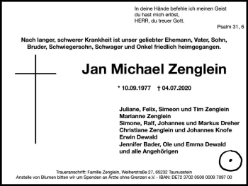 Traueranzeige von Jan Michael Zenglein von vrm-trauer