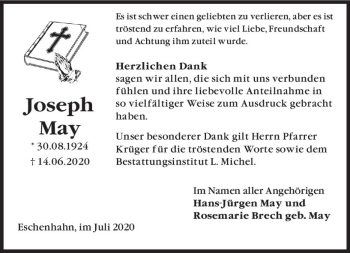 Traueranzeige von Joseph May von vrm-trauer
