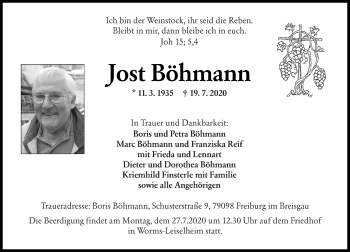 Traueranzeige von Jost Böhmann von vrm-trauer