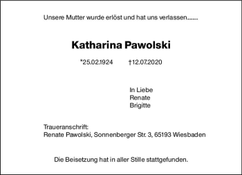 Traueranzeige von Katharina Pawolski von vrm-trauer